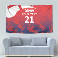 Red and blue cricket tapestry wall hanging with lion crest, 'YOUR TEXT' and '21'