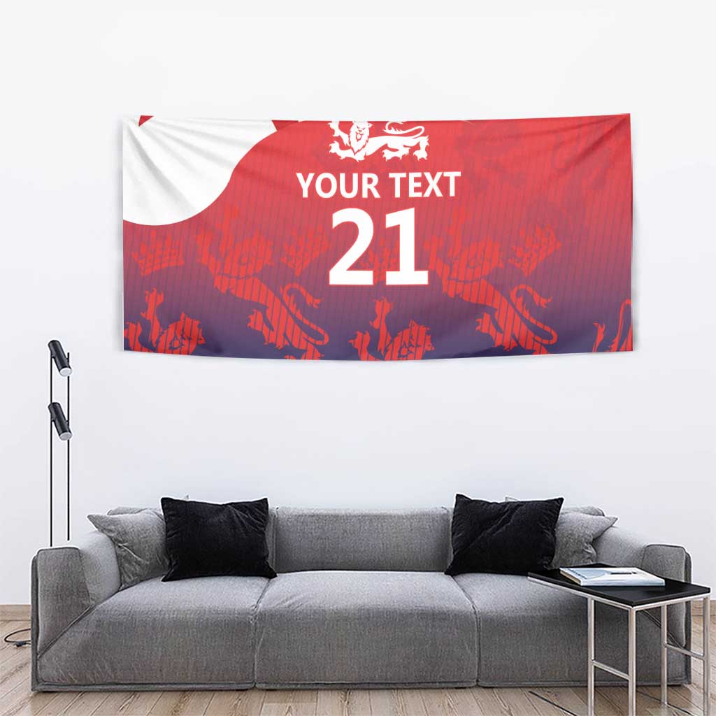 Cricket tapestry banner with lion crest, 'YOUR TEXT' and '21' red/blue design