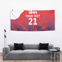 Cricket tapestry banner with lion crest, 'YOUR TEXT' and '21' red/blue design