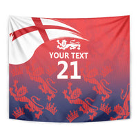 Close view of red/blue cricket tapestry with lion crest, 'YOUR TEXT' and '21'
