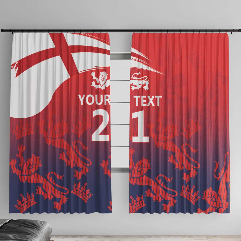 Window curtains with Union Jack, lion crest, red and navy custom text panels
