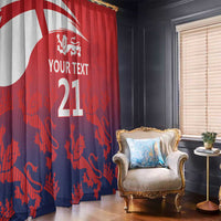 Hanging window curtains with Union Jack and lion crest, red/navy gradient and custom text