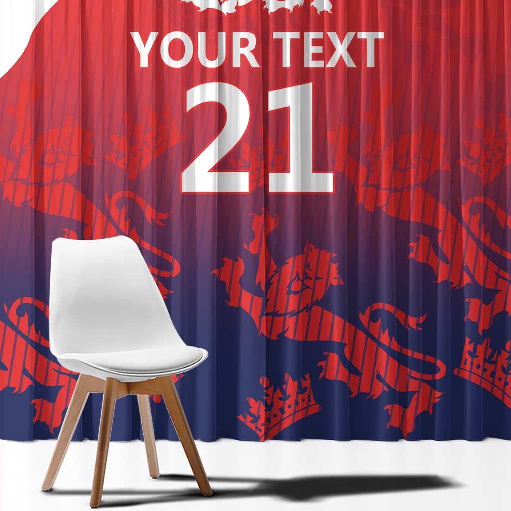 Window curtain panel, red and navy with Union Jack, lion crest and large custom number '21'