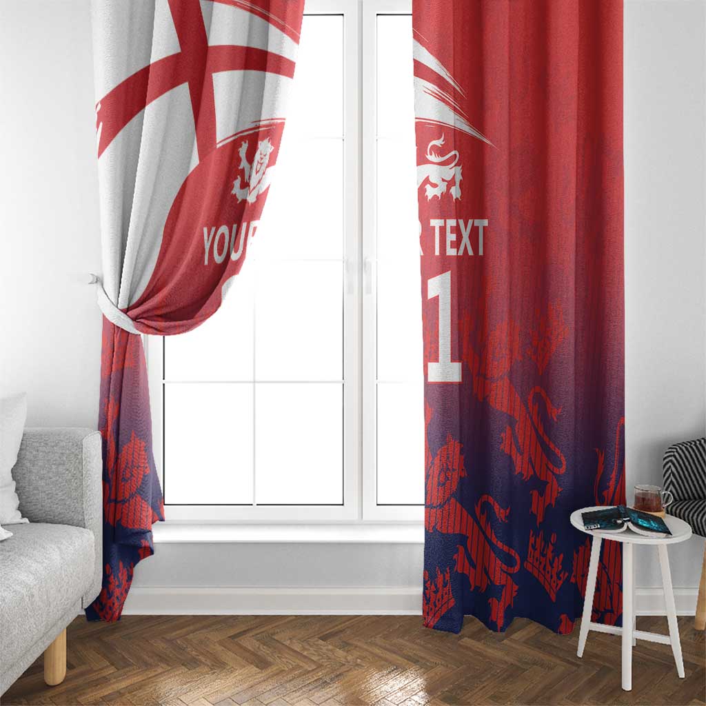 Two window curtains with Union Jack print, lion crest and custom text, red and navy