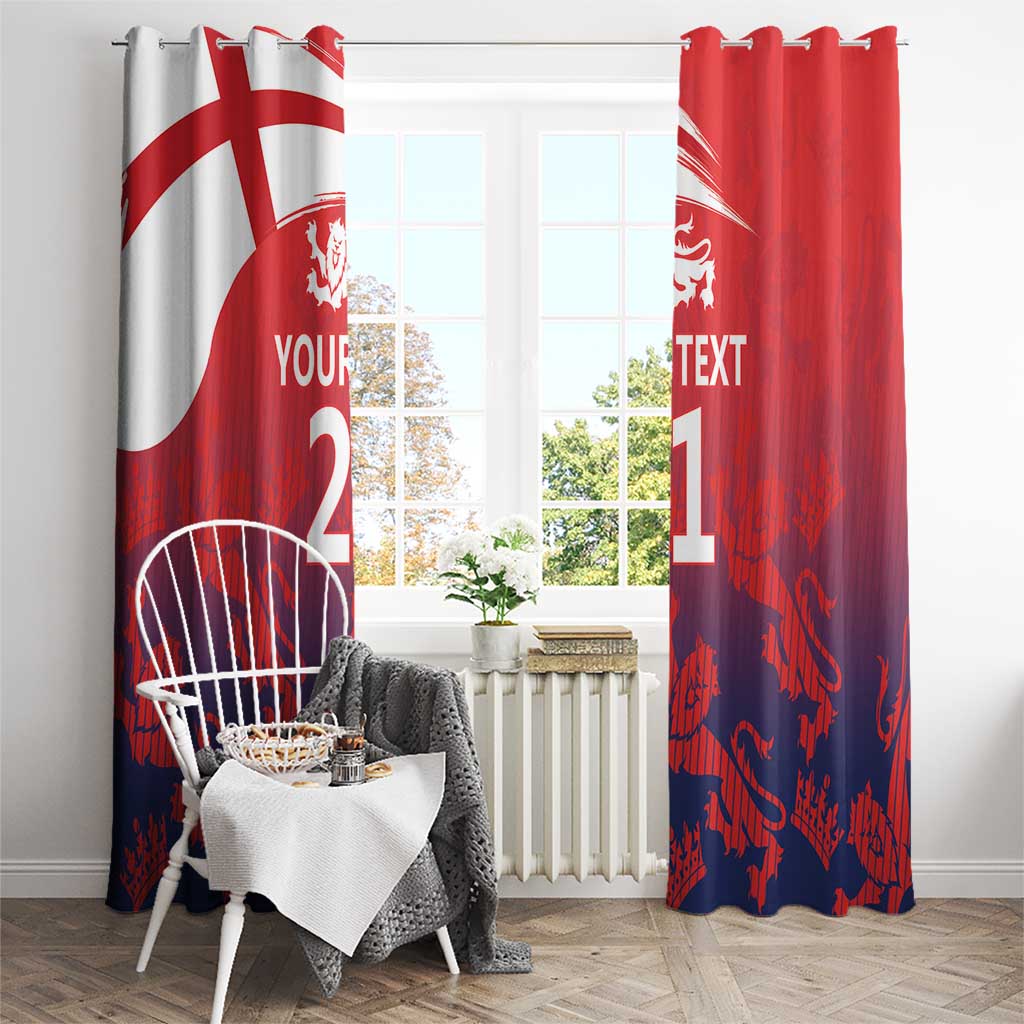 Window curtains with Union Jack stripes and lion crest, red and navy with large custom '1' and '2'