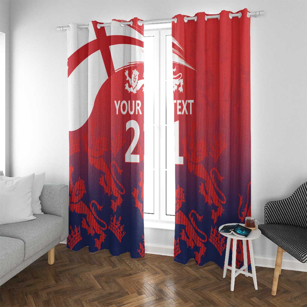 Window curtains with Union Jack left panel and red panel, lion crest and custom numbers