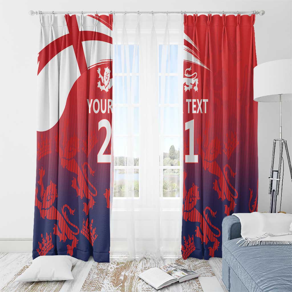 Window curtains with white, red and navy Union Jack design, lion crest and custom text