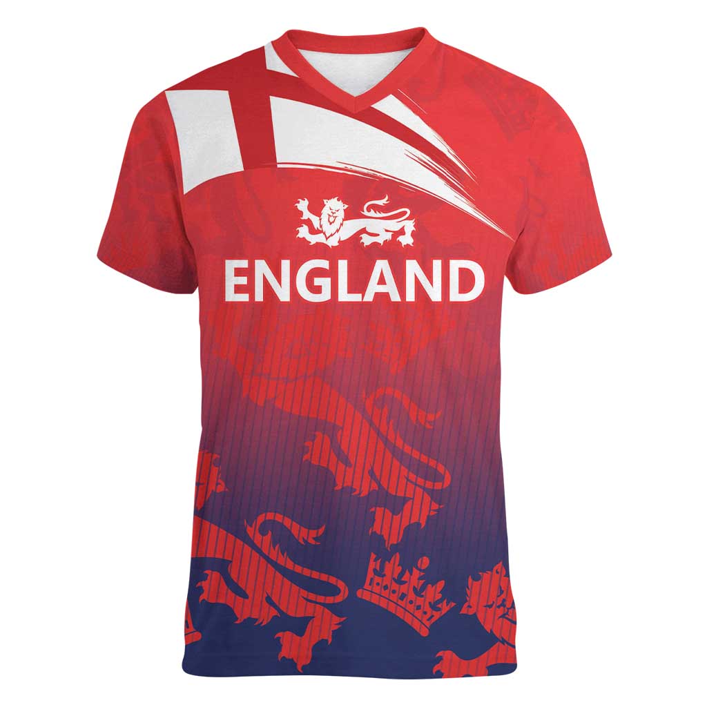 England Cricket Custom Women V-Neck T-Shirt Three Lions With Flag