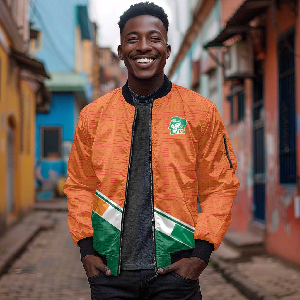 World Football 2026 Ivory Coast Custom Sleeve Zip Bomber Jacket African Adinkra Pattern - Wonder Print Shop