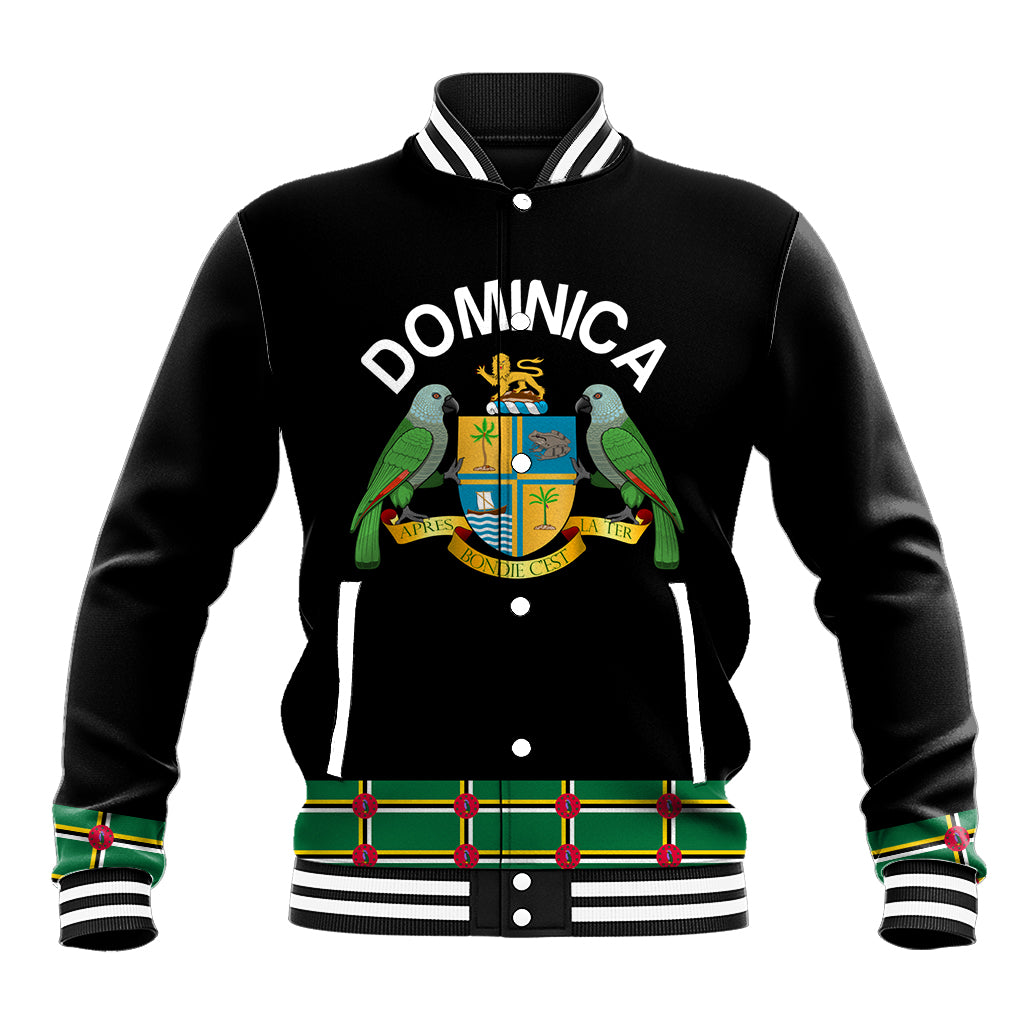 Black baseball jacket, snap front, striped rib collar, Dominica parrot crest graphic