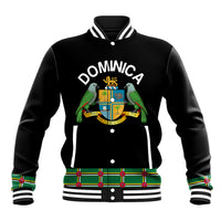 Black baseball jacket, snap front, striped rib collar, Dominica parrot crest graphic