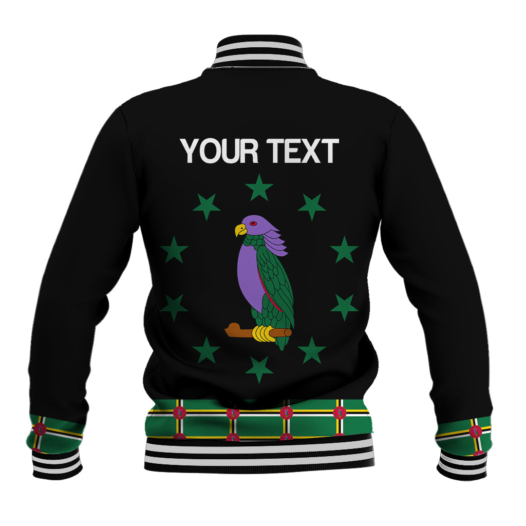 Black baseball jacket, snap front, ribbed striped trim, 'YOUR TEXT' parrot back graphic