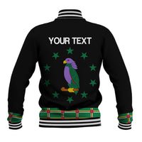 Black baseball jacket, snap front, ribbed striped trim, 'YOUR TEXT' parrot back graphic