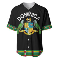 Black baseball jersey with V-neck, button front, Dominica crest and parrot graphic