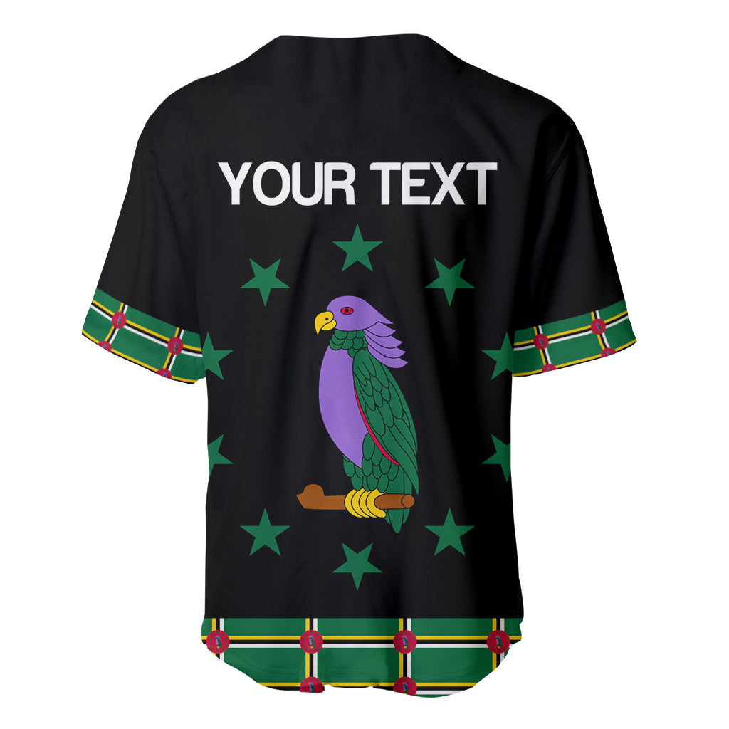 Black baseball jersey with V-neck, button front, purple parrot and green star pattern