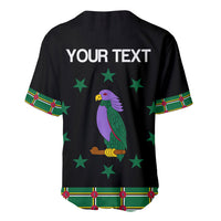 Black baseball jersey with V-neck, button front, purple parrot and green star pattern