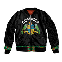 Black bomber jacket with front zip, Dominica crest and two green parrots graphic