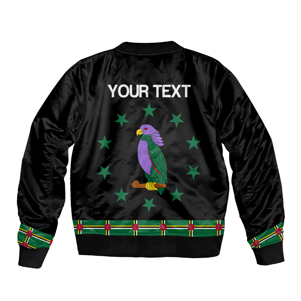 Black bomber jacket with back print 'YOUR TEXT', green parrot and star accents