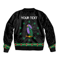 Black bomber jacket with back print 'YOUR TEXT', green parrot and star accents