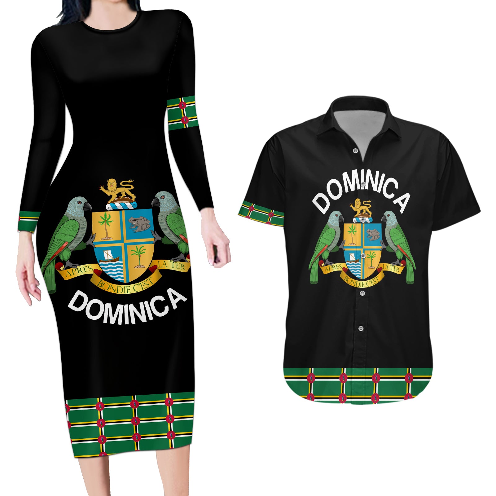 Personalized Dominica Sisserou Parrot Simple Style Couples Matching Long Sleeve Bodycon Dress and Hawaiian Shirt LT9 - Wonder Print Shop