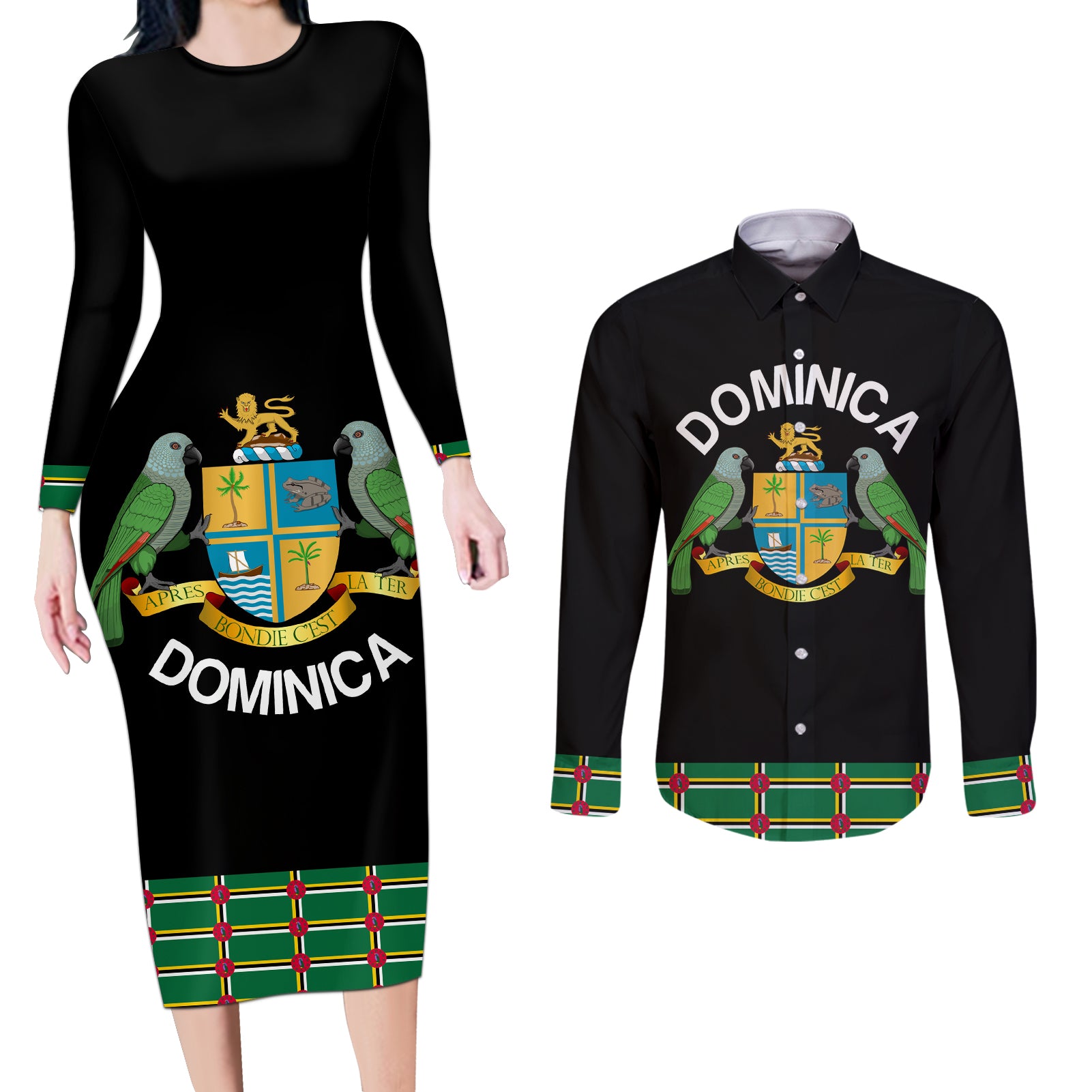 Personalized Dominica Sisserou Parrot Simple Style Couples Matching Long Sleeve Bodycon Dress and Long Sleeve Button Shirt LT9 - Wonder Print Shop