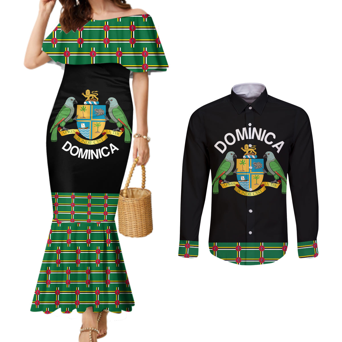 Personalized Dominica Sisserou Parrot Simple Style Couples Matching Mermaid Dress and Long Sleeve Button Shirt