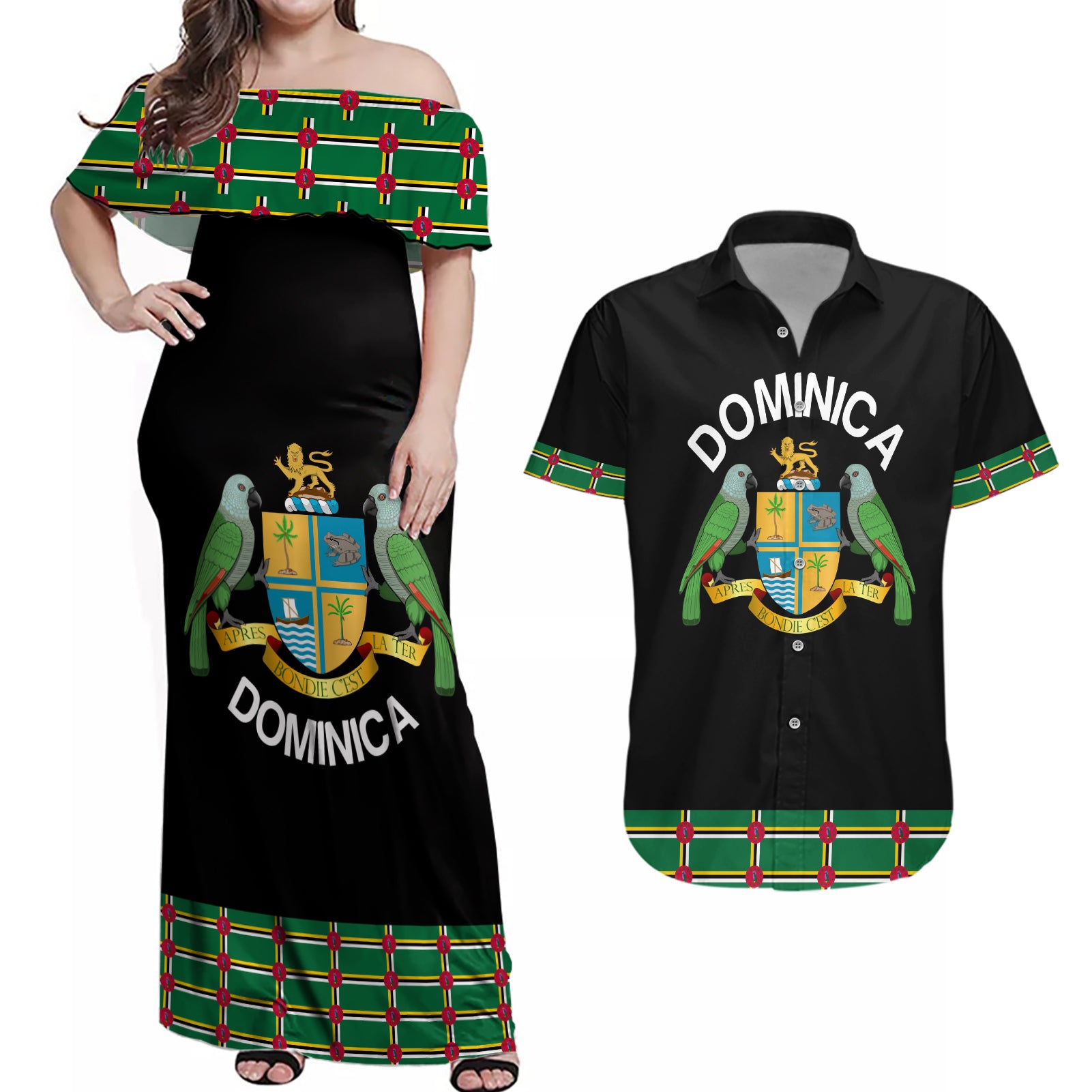 Personalized Dominica Sisserou Parrot Simple Style Couples Matching Off Shoulder Maxi Dress and Hawaiian Shirt LT9 - Wonder Print Shop