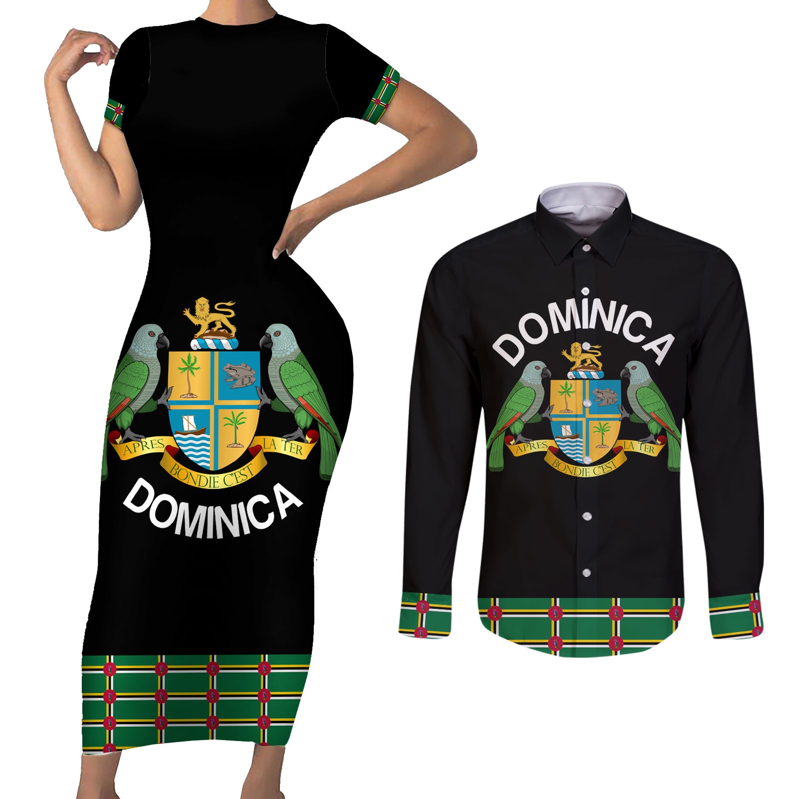 Personalized Dominica Sisserou Parrot Simple Style Couples Matching Short Sleeve Bodycon Dress and Long Sleeve Button Shirt LT9 - Wonder Print Shop