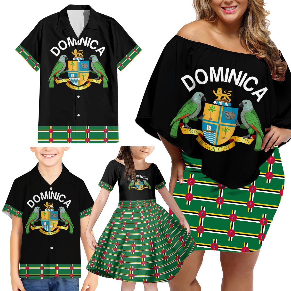 Personalized Dominica Sisserou Parrot Simple Style Family Matching Off Shoulder Short Dress and Hawaiian Shirt LT9 - Wonder Print Shop