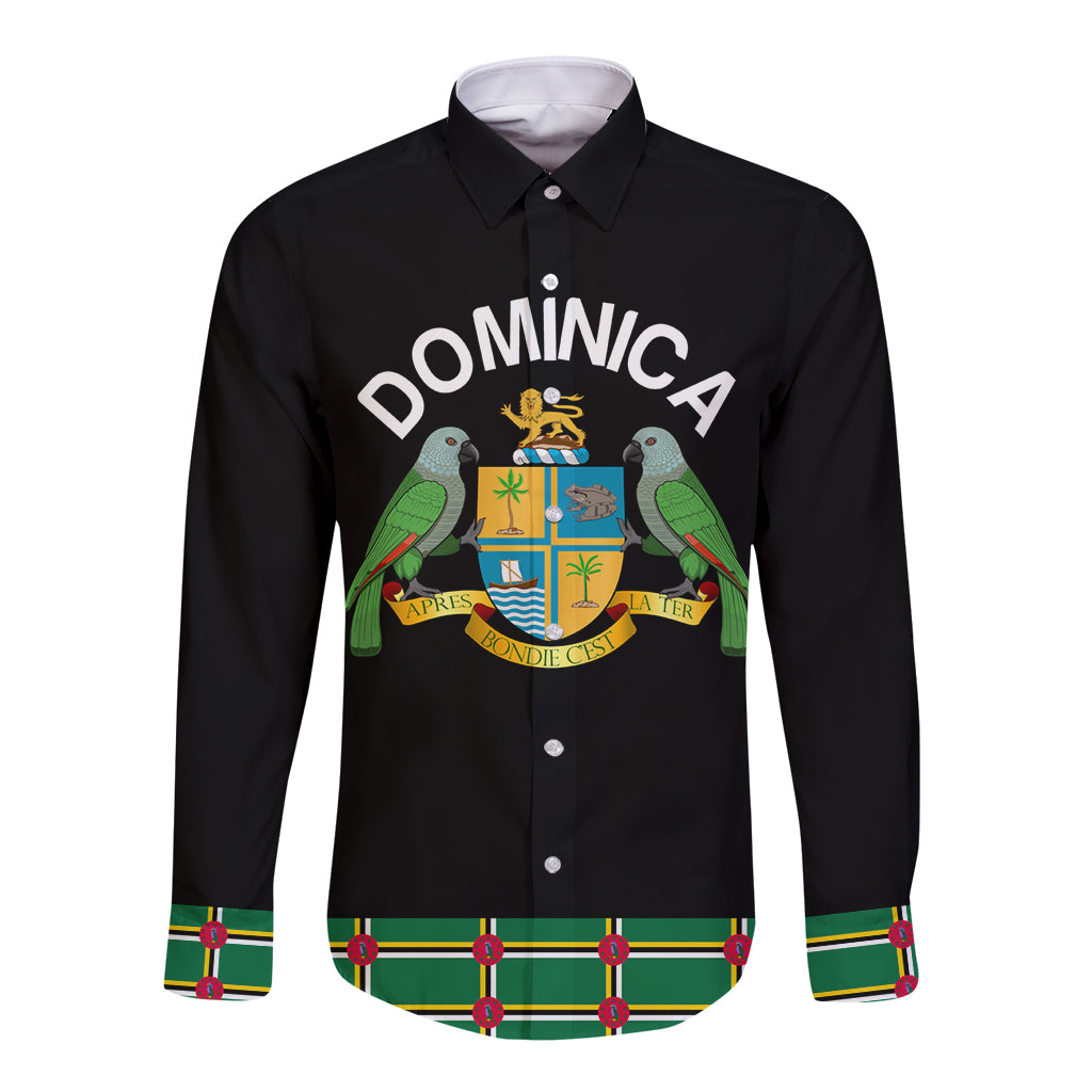 Black unisex long-sleeve button shirt with front parrot crest graphic