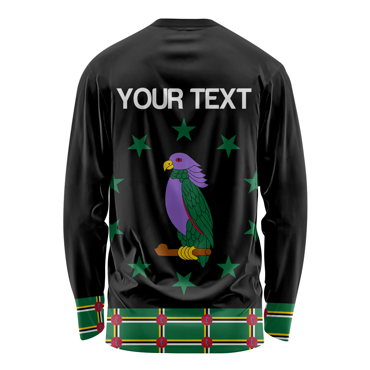 Black long-sleeve shirt with YOUR TEXT back graphic, parrot and green stars