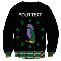Black sweatshirt with purple parrot and green stars, 'YOUR TEXT' on back