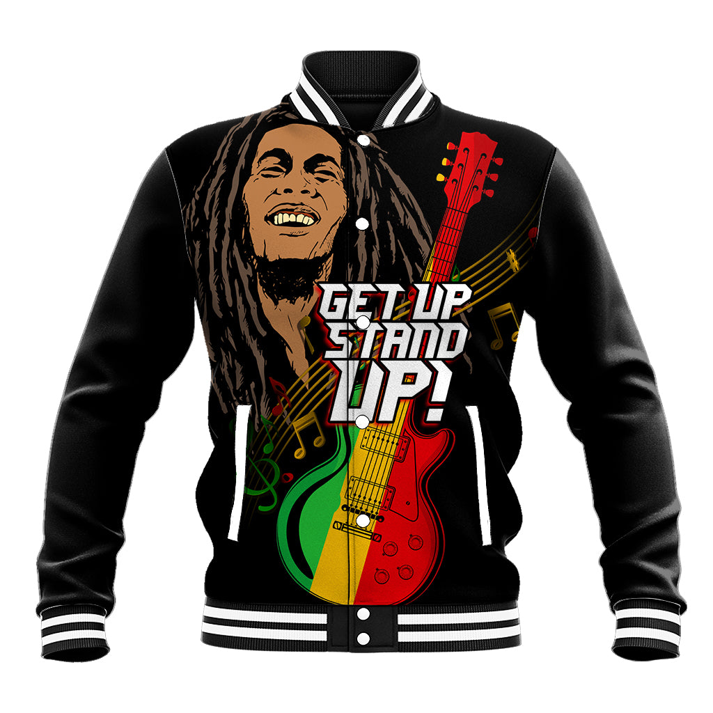 Black varsity baseball jacket with stand-up collar, front graphic of reggae man and guitar
