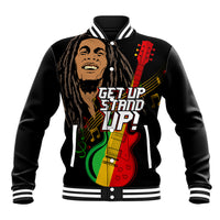 Black varsity baseball jacket with stand-up collar, front graphic of reggae man and guitar
