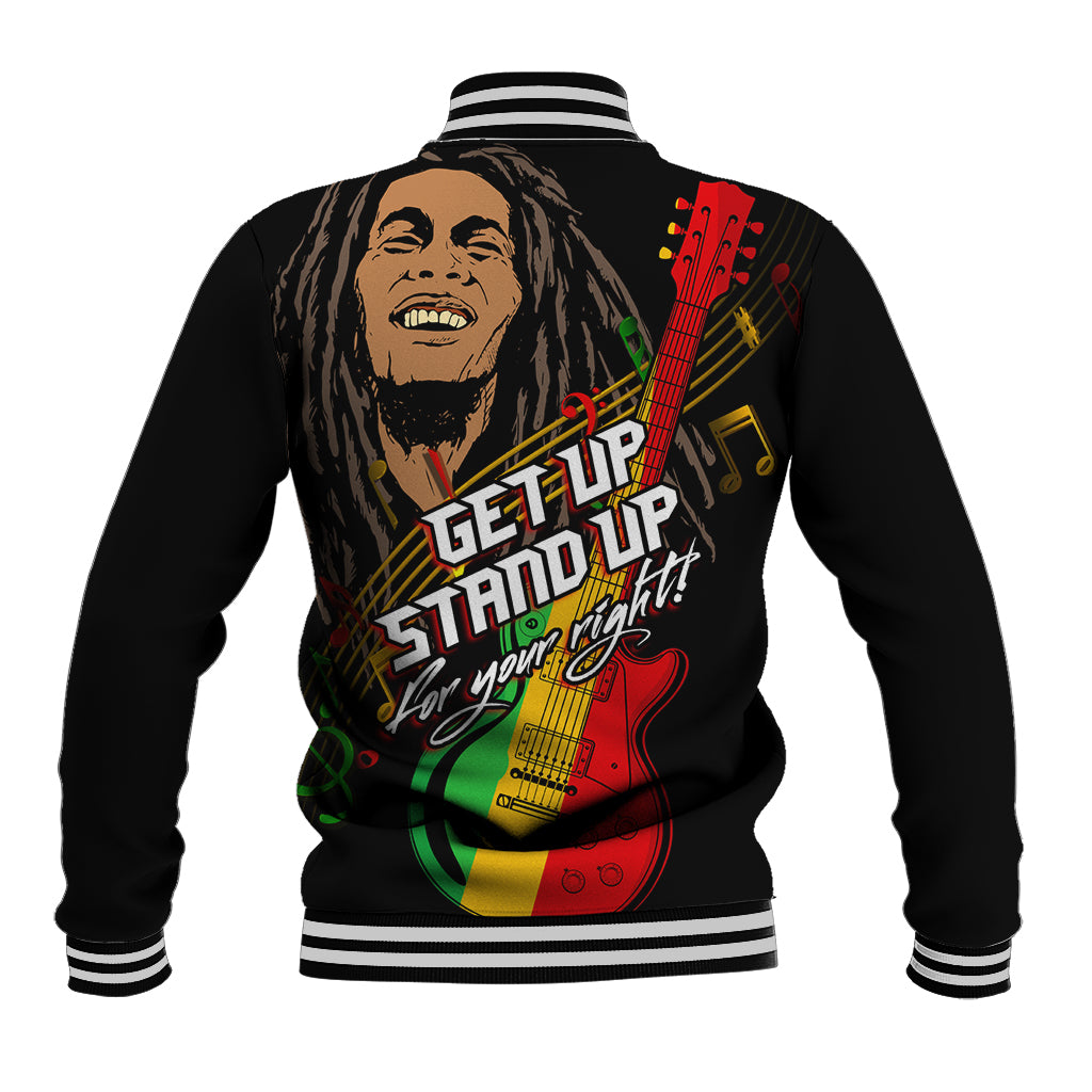 Black varsity baseball jacket with stand-up collar, back graphic of reggae man and guitar