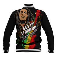 Black varsity baseball jacket with stand-up collar, back graphic of reggae man and guitar