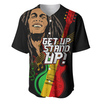 Black baseball jersey with reggae musician graphic, guitar, and 'Get Up Stand Up' text