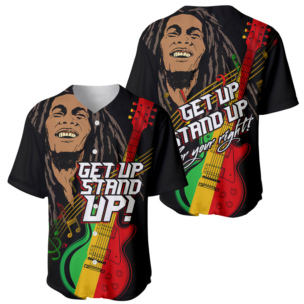Set of two black baseball jerseys with reggae musician, guitar, and 'Get Up Stand Up' prints