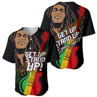 Set of two black baseball jerseys with reggae musician, guitar, and 'Get Up Stand Up' prints