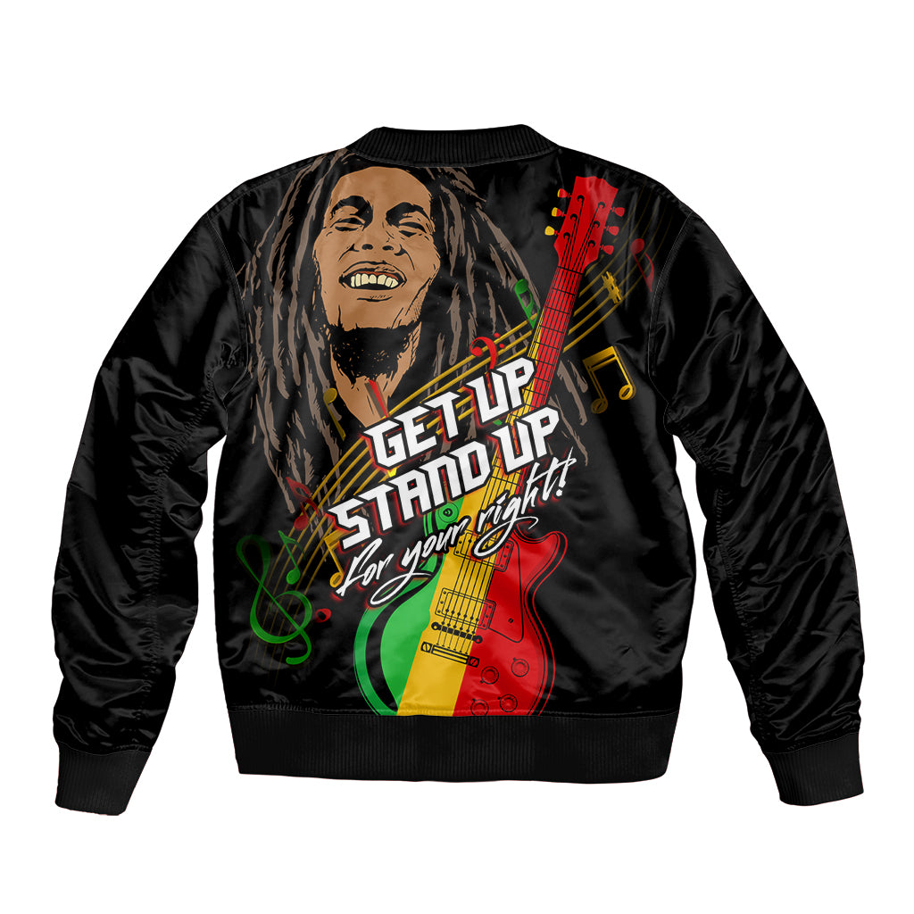 Black bomber jacket with back graphic, guitar artwork and 'Get Up Stand Up' text