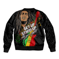 Black bomber jacket with back graphic, guitar artwork and 'Get Up Stand Up' text