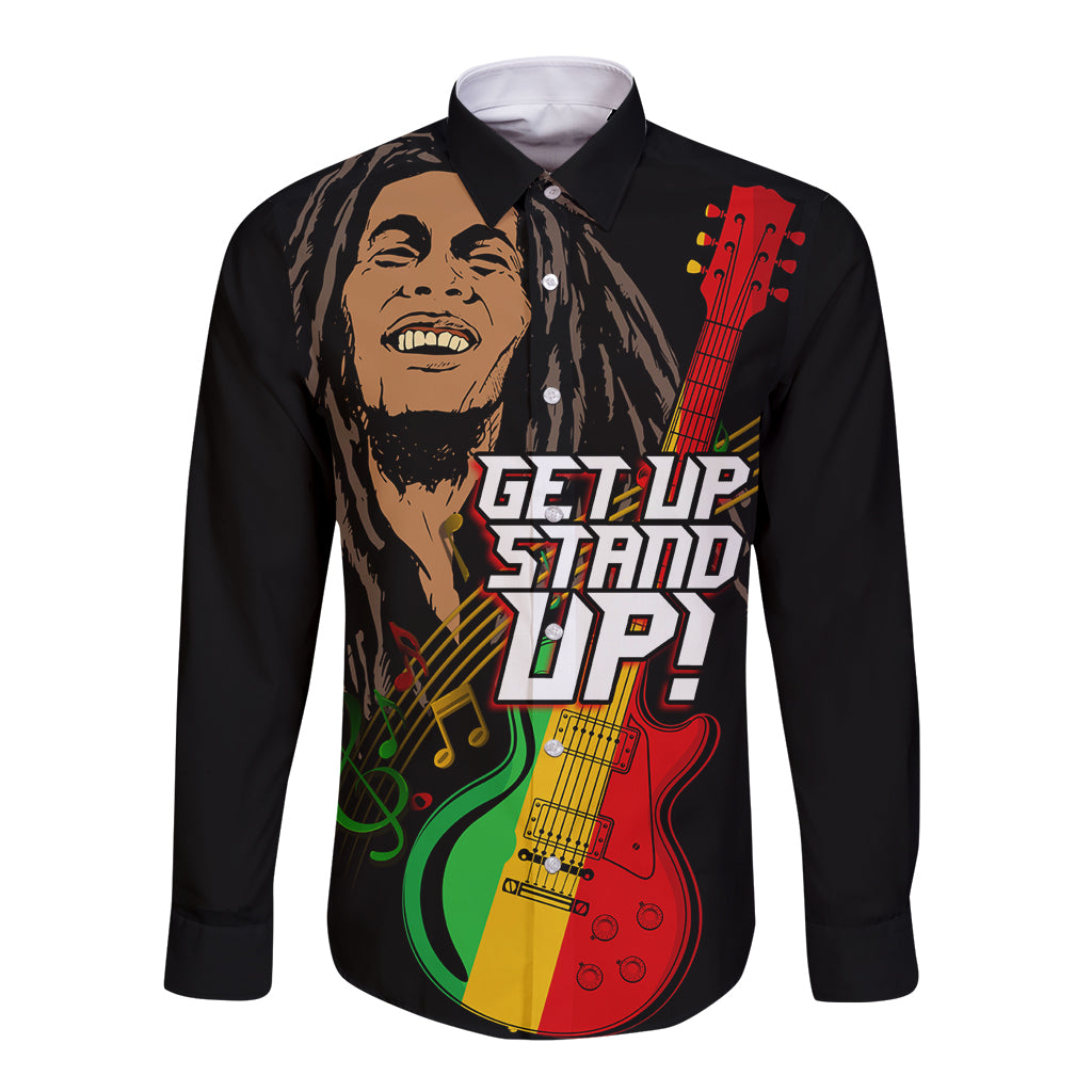 Long sleeve button shirt, dark base with multicolor reggae guitar and 'Get up stand up' print