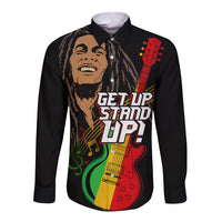Long sleeve button shirt, dark base with multicolor reggae guitar and 'Get up stand up' print