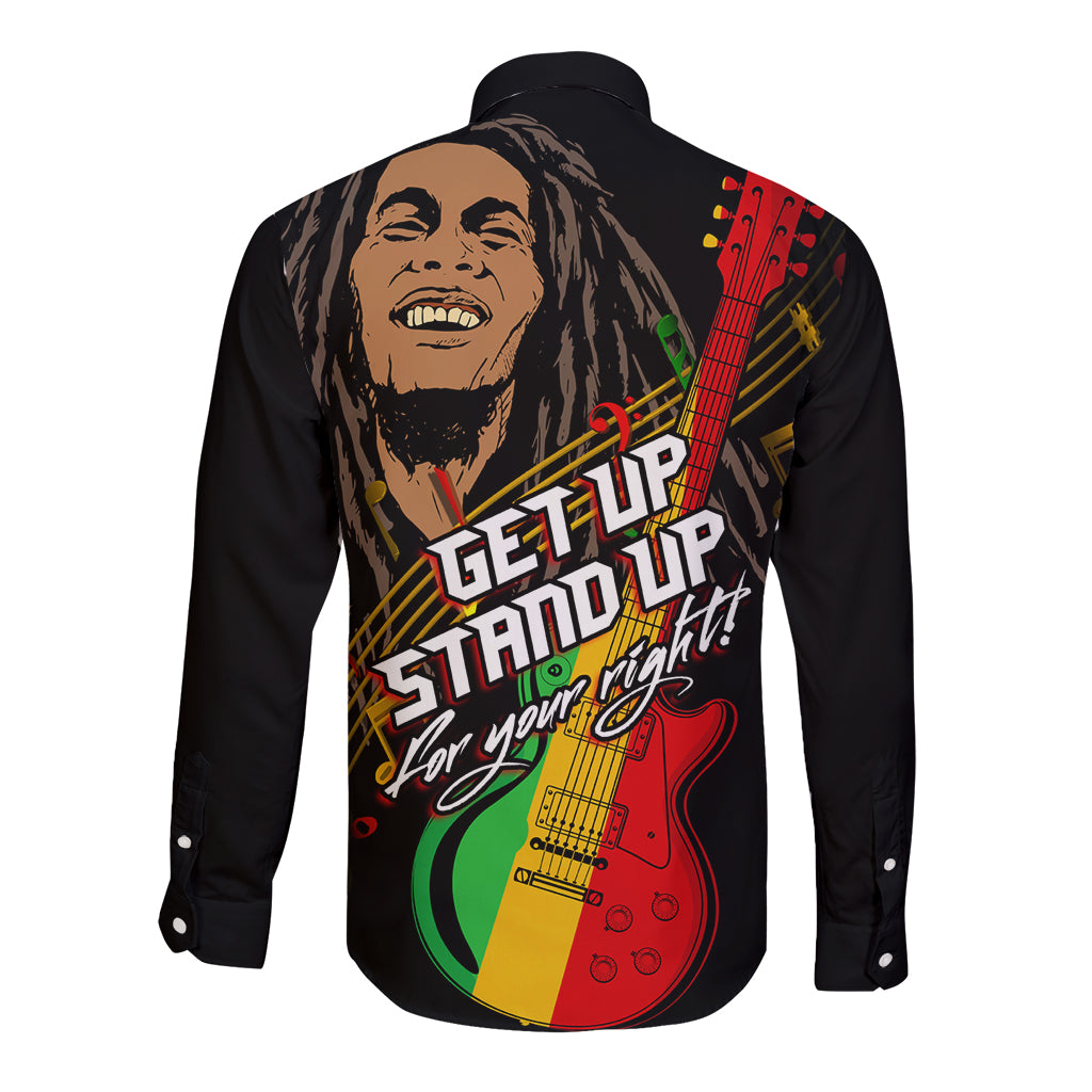 Long sleeve button shirt, dark base with large back reggae guitar print and 'Get up stand up' text