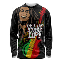 Black long-sleeve graphic shirt with red/green/yellow guitar and “Get Up Stand Up” front