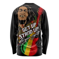 Black long-sleeve graphic shirt with colorful guitar and “Get Up Stand Up” back print