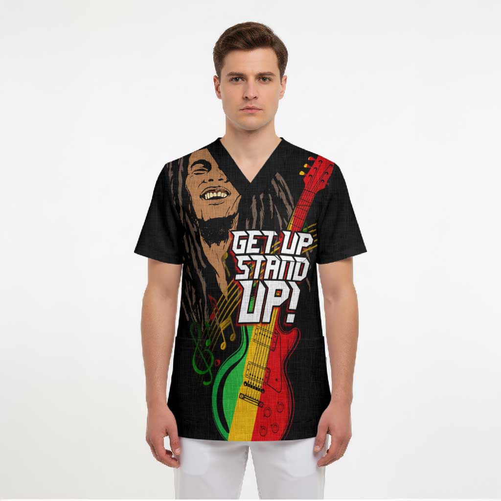 Legend Bob Get Up Stand Up Scrub Top Black Jamaican Reggae Multicolored
