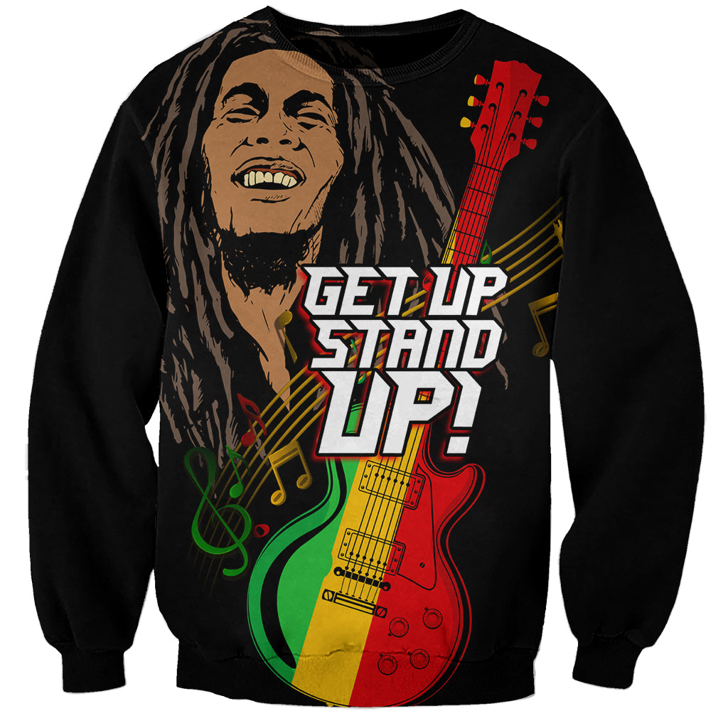 Black sweatshirt with front guitar graphic and multicolor reggae text