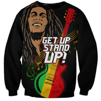 Black sweatshirt with front guitar graphic and multicolor reggae text