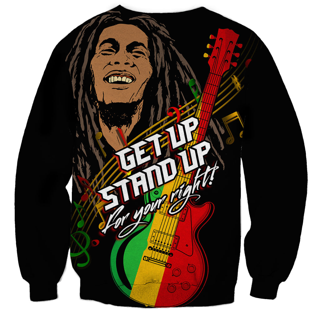 Black sweatshirt with 'Get Up Stand Up' guitar graphic and reggae colors